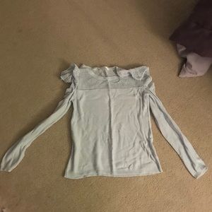 Cold shoulder, ruffled blue sweater